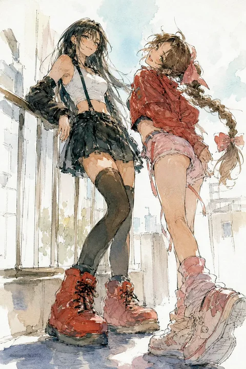 阳光露台少女水彩漫画速写