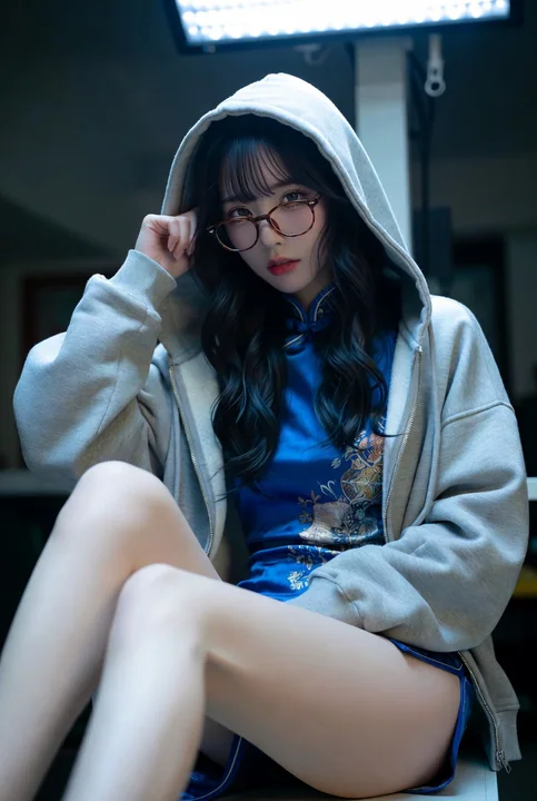 Abandoned operating room, Japanese/Korean-style qipao, glasses, beautiful female model