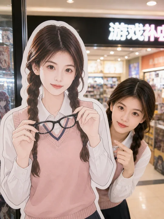 Photographie réaliste d’une personne réelle et d’un standee d’anime dans le même cadre