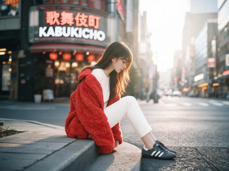 Kabukicho elegantly dressed East Asian woman in red, full-body photo