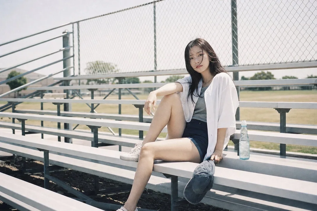 Summer afternoon baseball field Korean idol-style film-like portrait