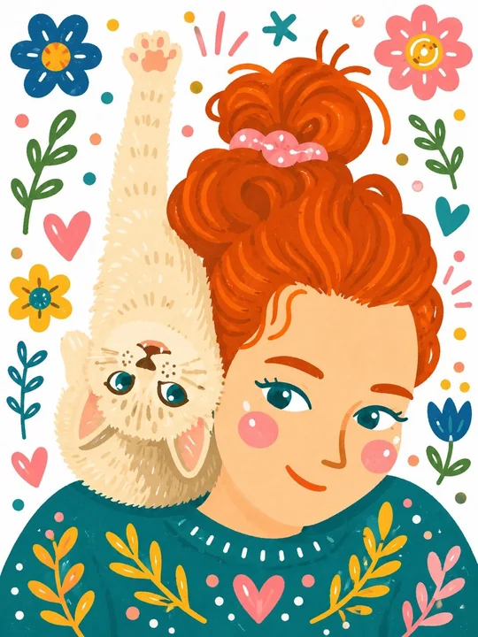 Scandinavian-style picture book illustration of a red-haired girl and an upside-down kitten