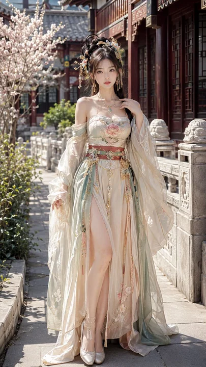 18岁中国网红美女唐风露肩开衩汉服