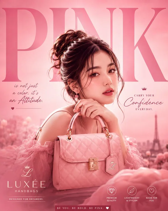 Sac à main de luxe féminin rose élégant publicité