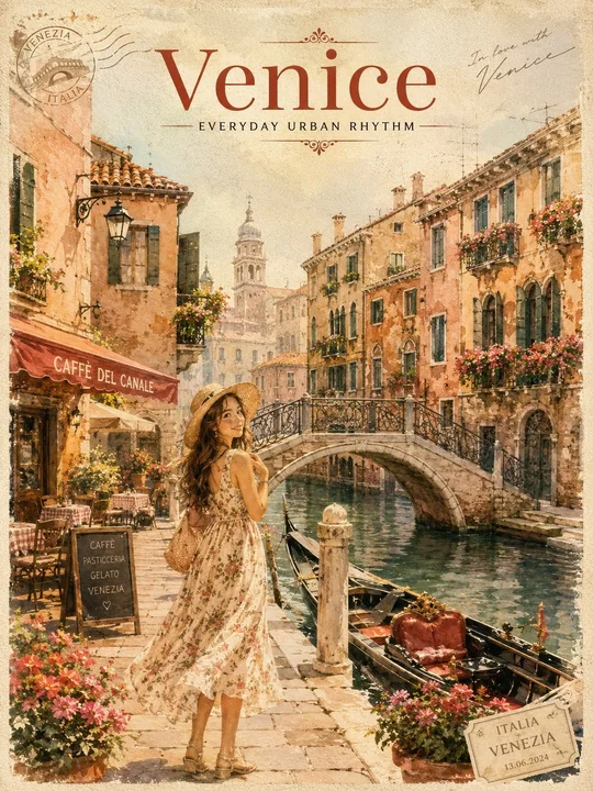 ヴェネチアの水郷をテーマにしたレトロな旅行ポスター、ロマンチックなウォーターカラーペインティングスタイル