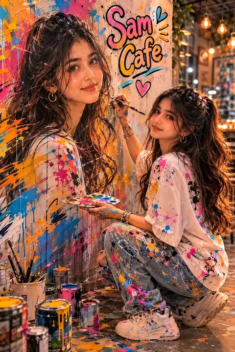 Portrait de fille en fresque murale dessinée à la main dans un café, hyperréaliste, avec une esthétique cinématographique