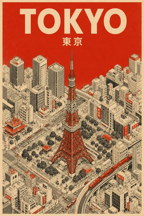 ミッドセンチュリーのミニマルなアイソメトリック視点の都市旅行ポスター