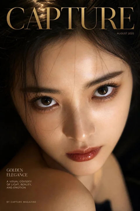 豪华雑誌の表紙、見上げる視点の超接写ポートレート