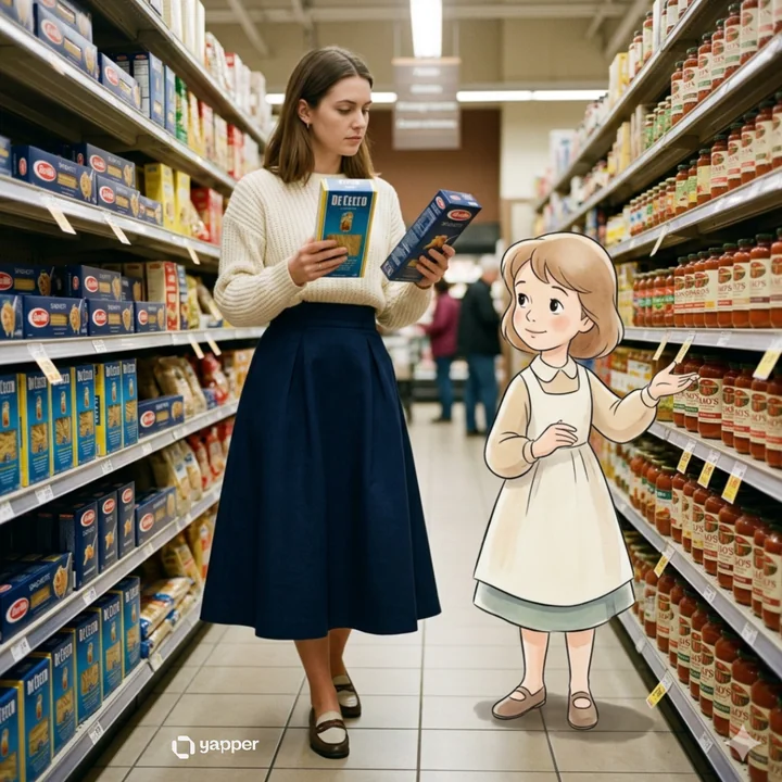 A real woman and a retro Disney-style animated assistant shopping at the supermarket