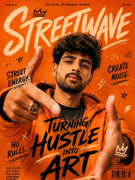 Orange trendy street-style men's magazine cover poster