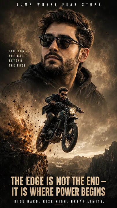 超写実的なダブルエクスポージャーのバイクをテーマにした励ましの映画ポスター