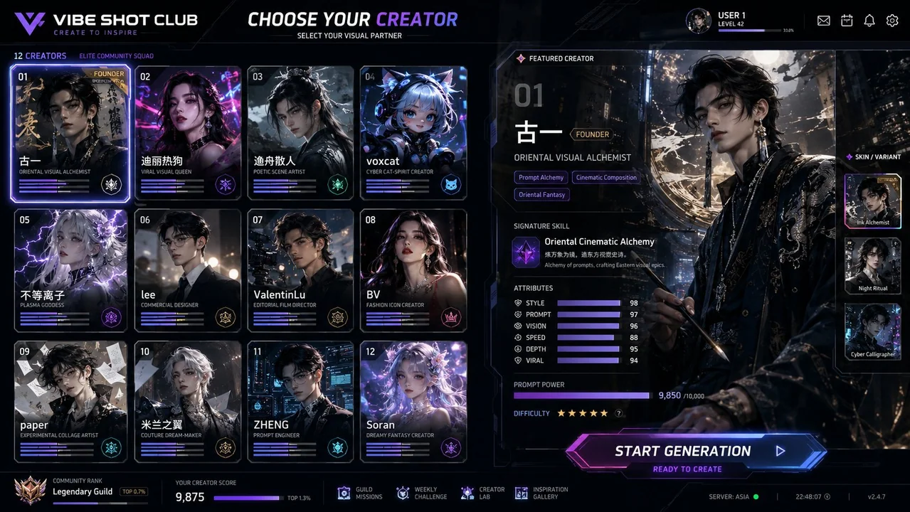 VIBE SHOT CLUB 高级创作者选择界面