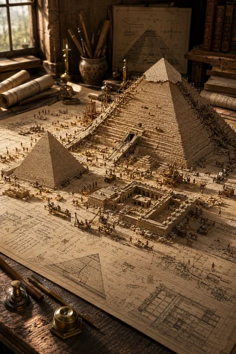 建筑蓝图上的古代文明建造微缩景观