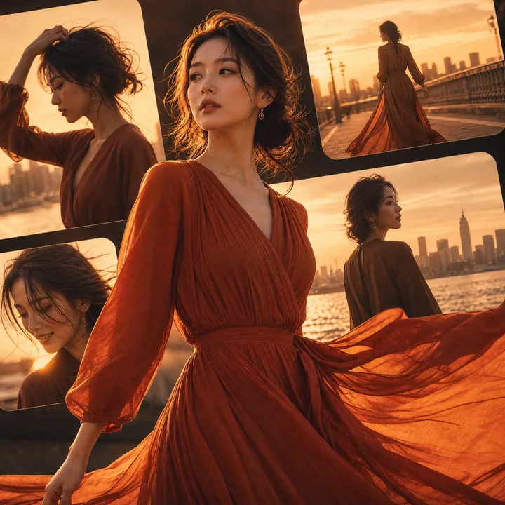 唯美な夕日の中の日本人女性のファッション映画風コラージュポスター