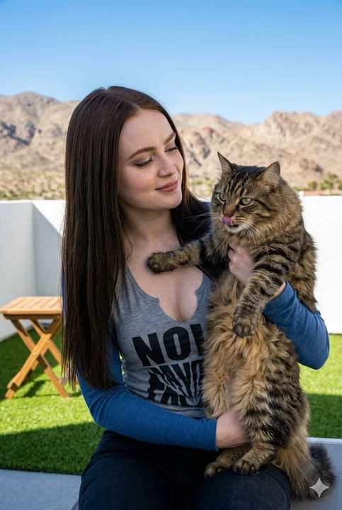 A brown-haired beauty holding a tabby cat on a sunny terrace