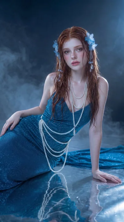 サファイアトーンの幻想的な赤髪の少女、パールアクセサリーのポートレート写真
