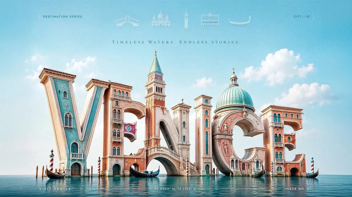 High-end 3D sculptural city landmark typography travel poster