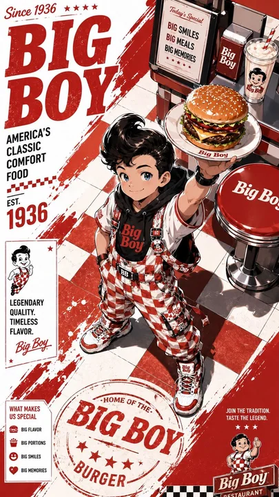 Dynamic anime-style fast-food trendy brand mascot poster