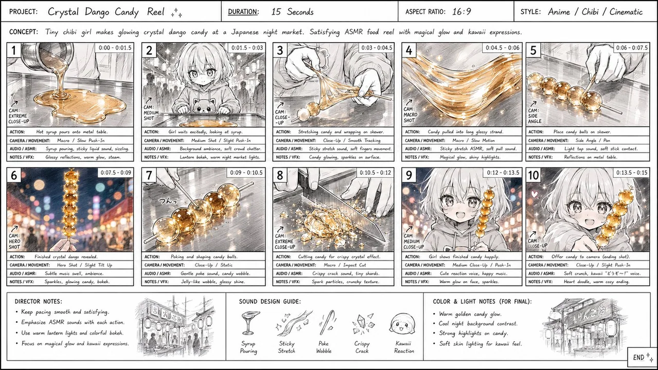 Storyboard professionnel d’animation : jeune fille dango de cristal