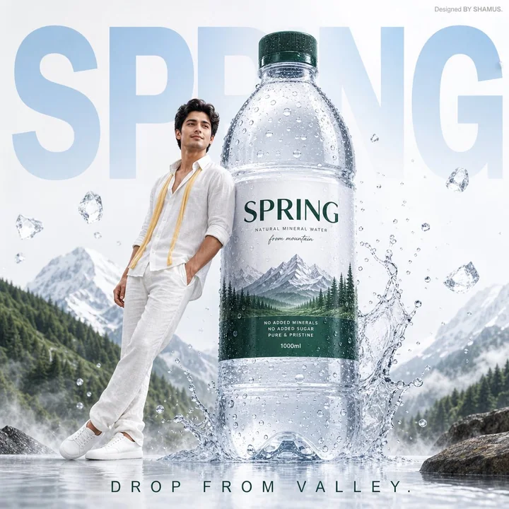 Affiche publicitaire minimaliste et rafraîchissante pour une eau minérale haut de gamme