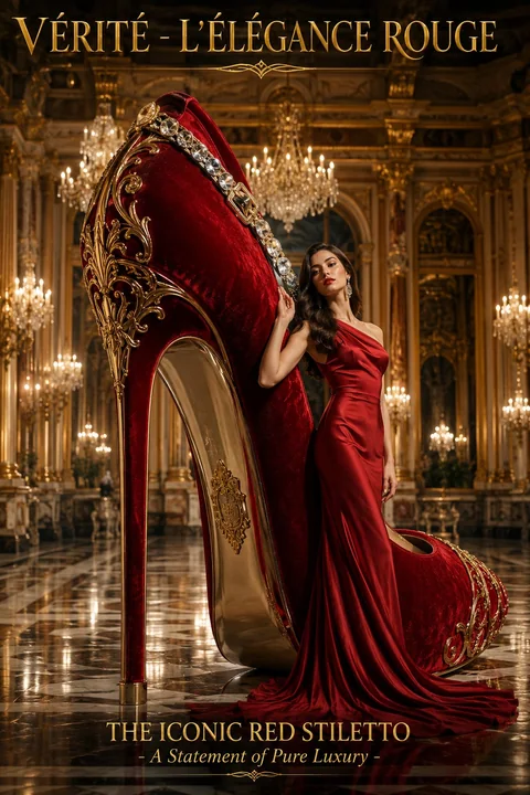 Affiche de mode luxueuse avec des escarpins géants en velours rouge
