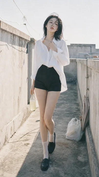 A fresh portrait of a girl in a white shirt on a rooftop corridor