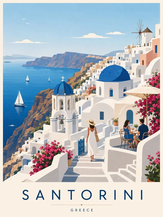 Affiche d’illustration de voyage vectorielle minimaliste de Santorin