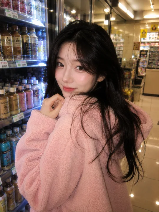 深夜韩国便利店里的粉色卫衣甜美少女
