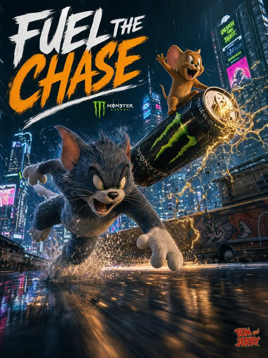 Tom and Jerry futuristic city rooftop chase advertisement