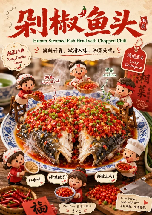 刻み唐辛子魚頭のミニチュア風・遊び心のあるグルメポスター