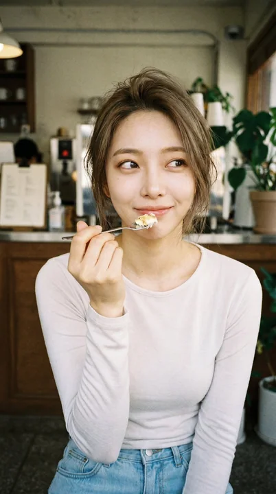 カフェのスイーツの一瞬、生活感のある感動的な人物ポートレートのプロンプト