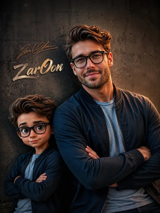 A cinematic-looking grown boy with a miniature portrait version of himself