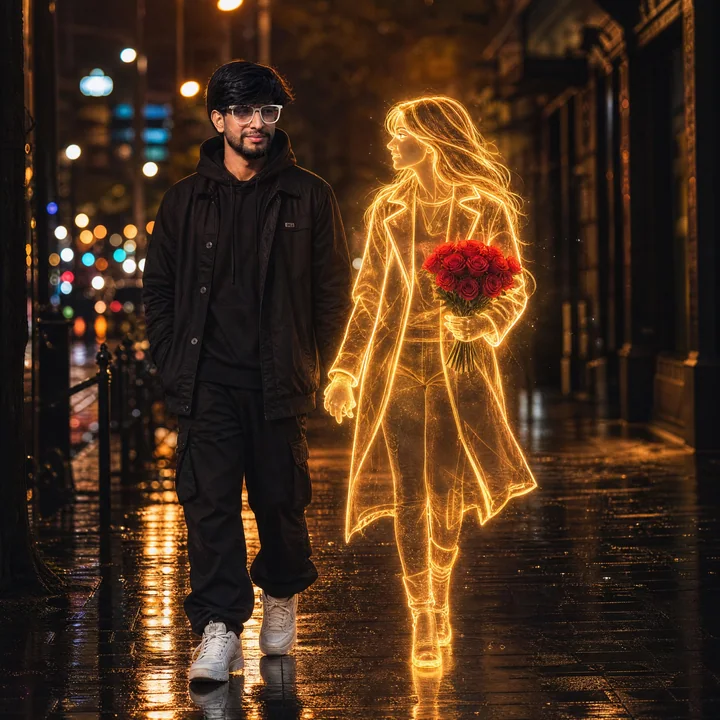 在雨夜街头与发光全息女子牵手的男子