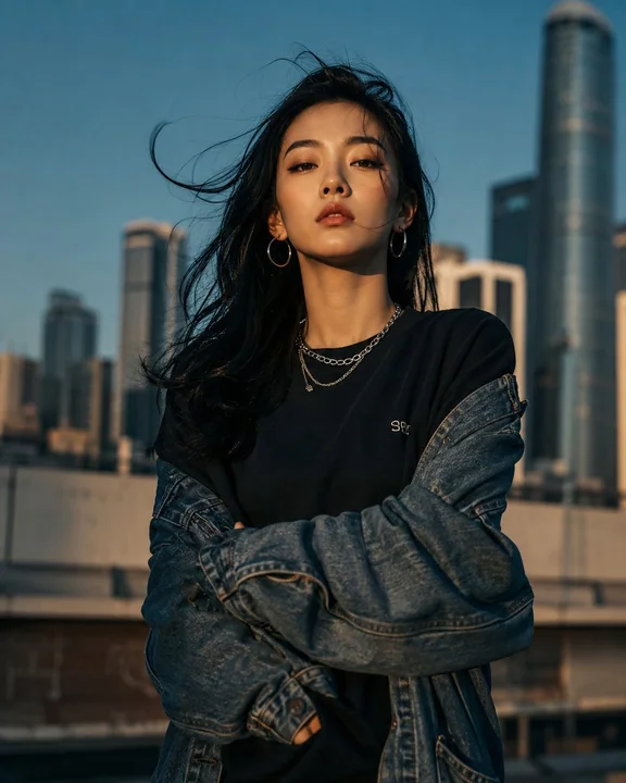 Fashionable East Asian female portrait under a city skyline