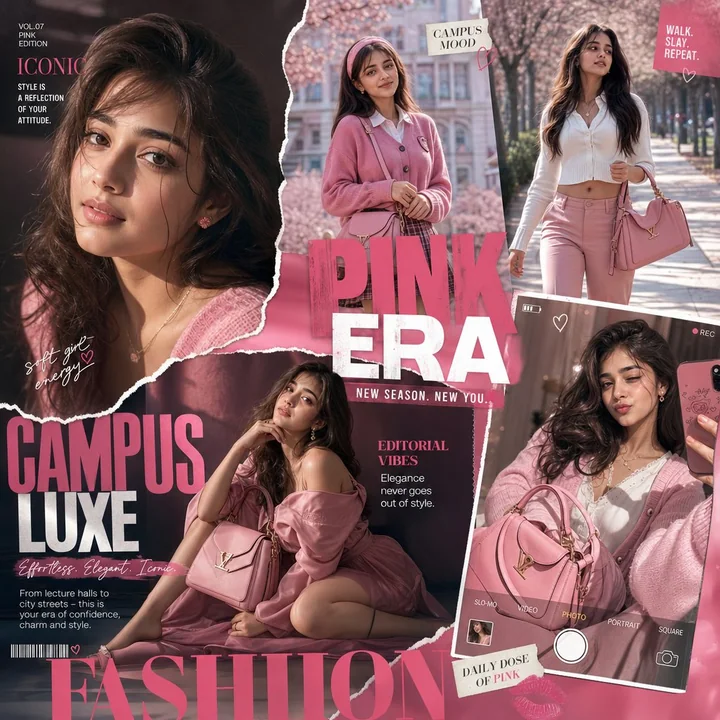 Luxurious pink-toned preppy-style fashion magazine poster collage