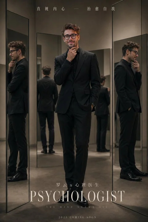 Affiche de film surréaliste en miroir d’un homme en costume noir minimaliste