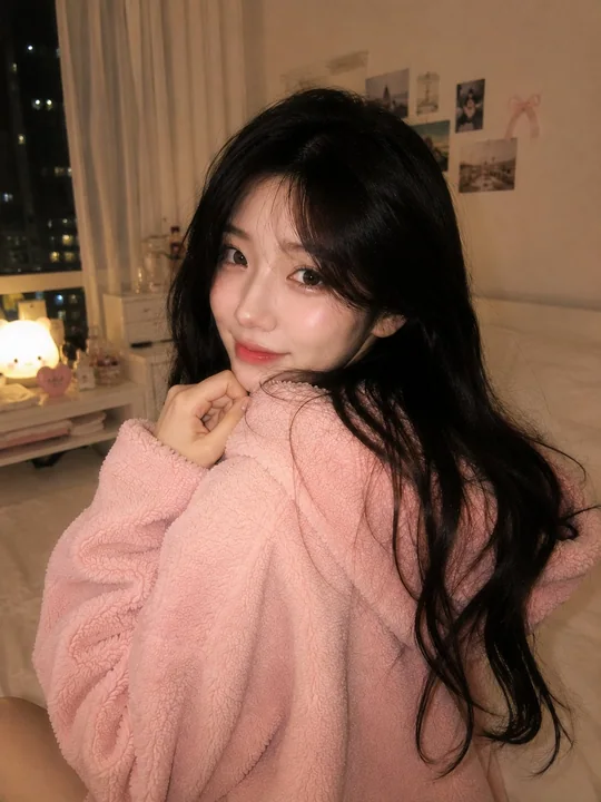Korean-style cozy bedroom portrait of a girl in a pink hoodie