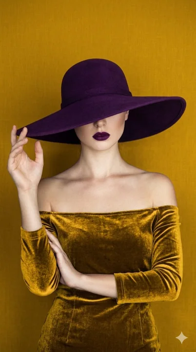 Robe en velours doré, large chapeau violet à larges bords, portrait de mode