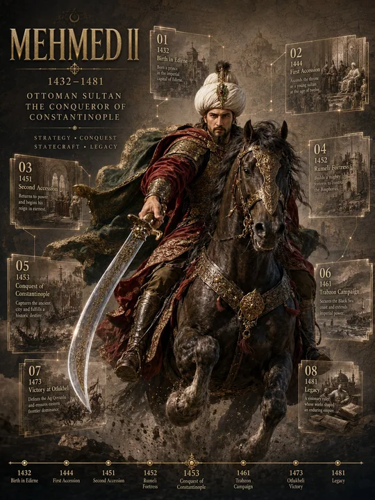 Affiche biographique épique d’un personnage historique à cheval, mots-clés de prompt