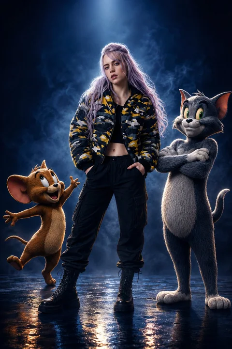 おしゃれな女性が、猫とネズミの3Dアニメキャラクターと一緒に写真を撮る