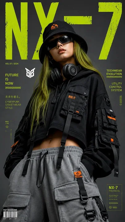 モスグリーンの髪の毛のファンクシックなファッション雑誌の表紙の人物像