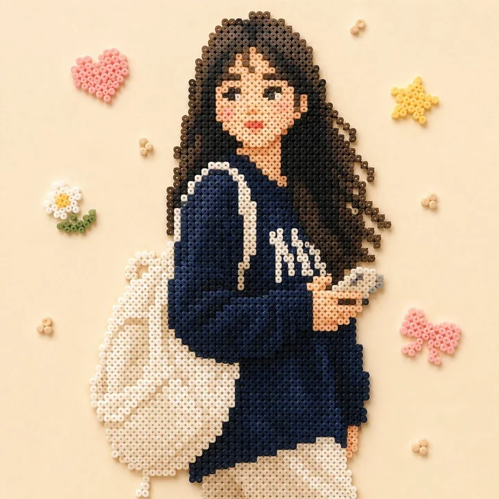 Illustration chaleureuse de personnages en style pixel art à perles