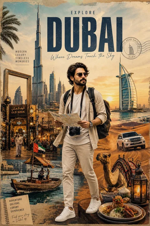 Stylized travel poster for international tourists in Dubai