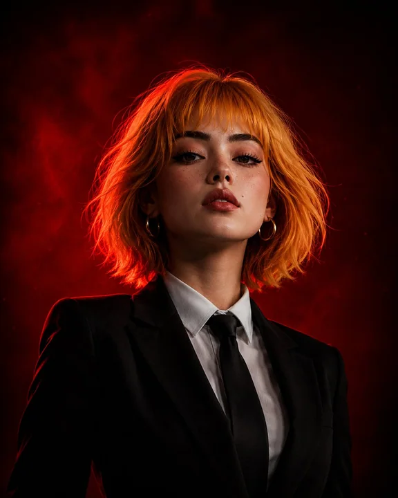 Portrait cinématographique d’une femme d’affaires blonde et puissante en tailleur, dans une ambiance rouge et noire.