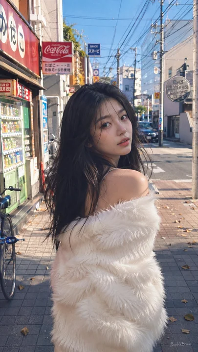Photographie de rue d'une jeune fille chinoise dans les rues de Tokyo, style pellicule