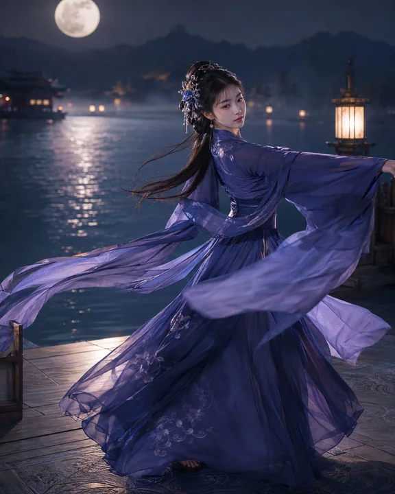 国風の踊り手が水辺で月明かりの中を舞う