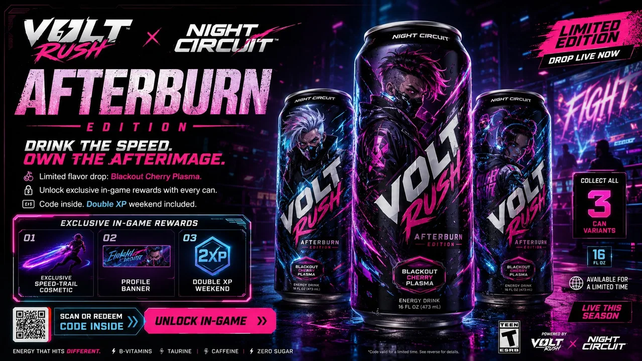 Grand film publicitaire de crossover entre une boisson énergisante et un jeu vidéo
