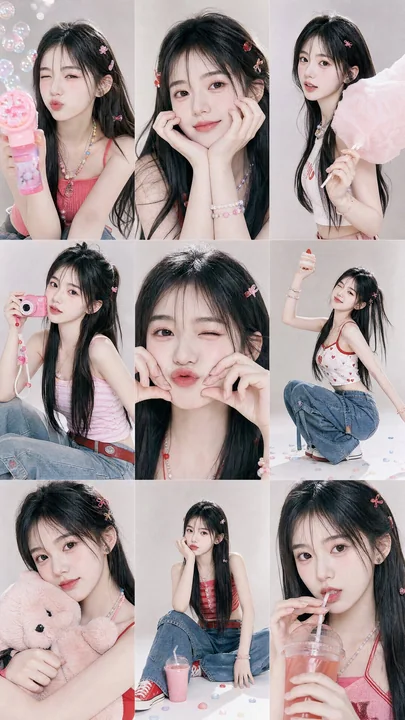 Y2K Korean-style sweet and edgy girl 3x3 collage magazine editorial