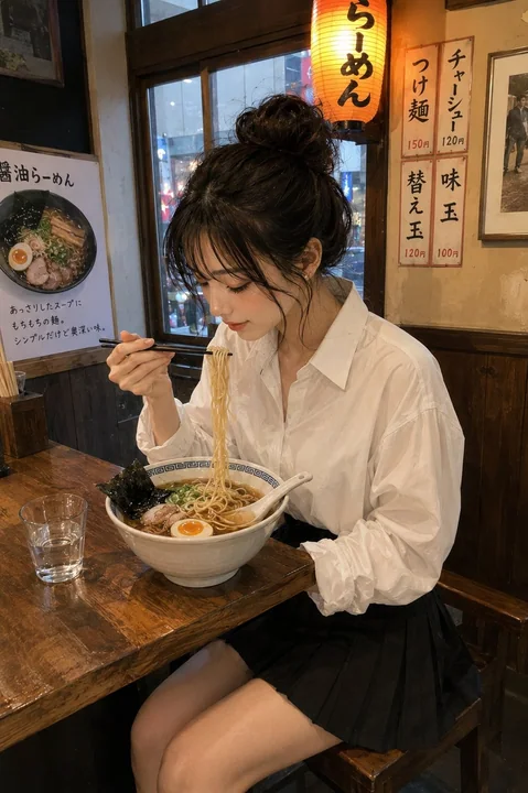 Japanese magazine-style Tokyo ramen girl illustration and realistic photography