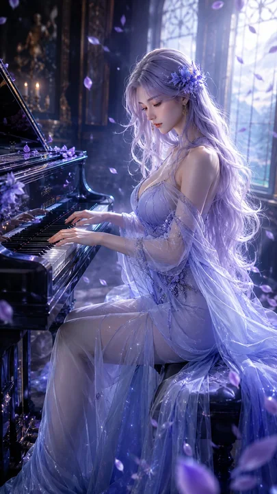 Oriental fantasy woman playing piano dreamlike CG